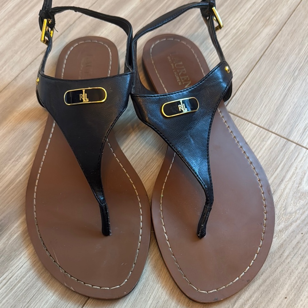 Ralph Lauren Black and Brown Sandals with Chic Metallic Details - Hardly Worn